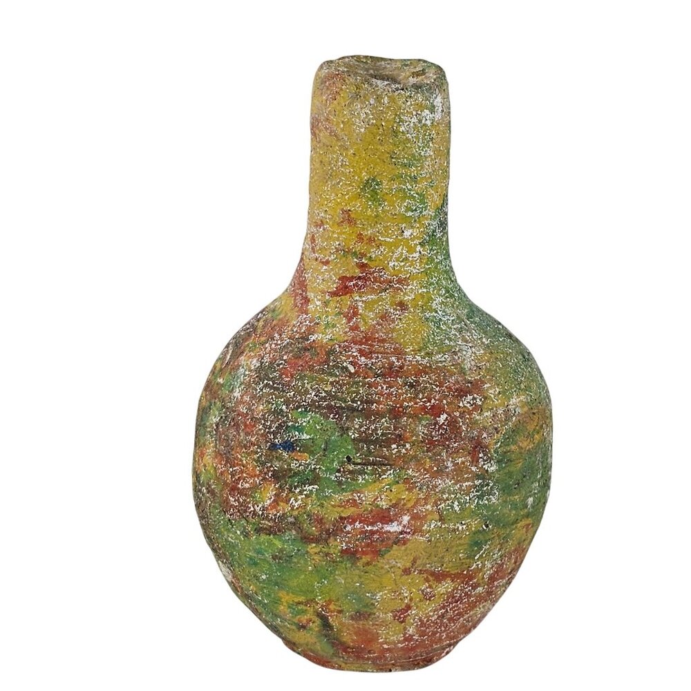 Vintage Ceramic Bud Vase Small Green Yellow Multicolor Hand painted Handmade